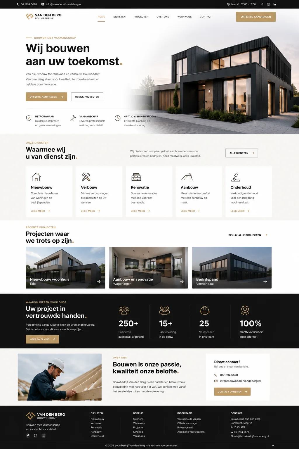 Designvoorbeeld van een moderne website voor een aannemersbedrijf
